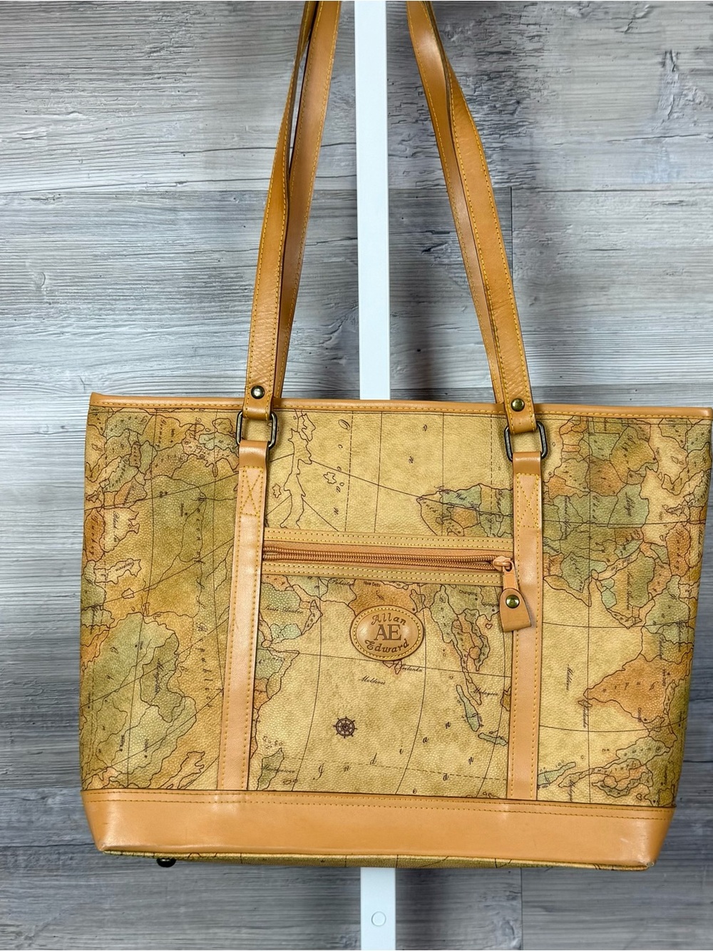 Allen Edward Map-Print Tote in Tan and Brown.